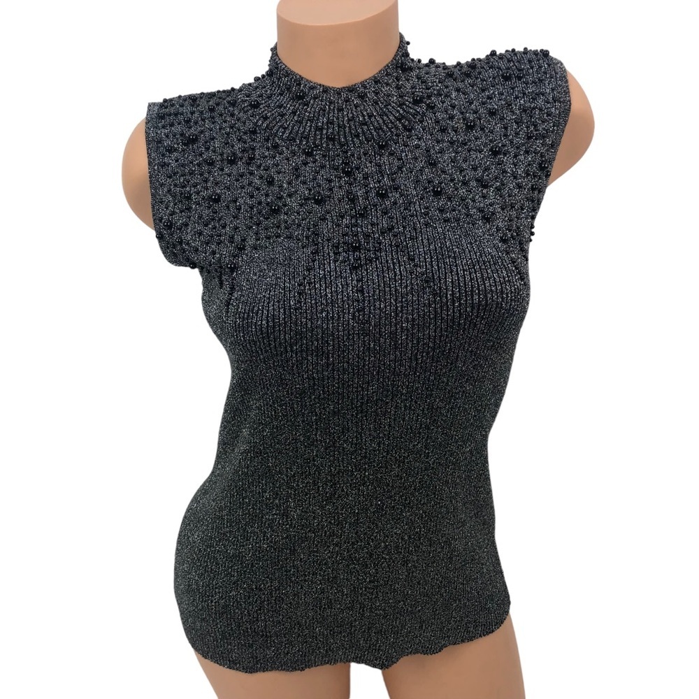 Investments Beaded Embellished Metallic Knit Sweater Sleeveless Turtleneck Top S